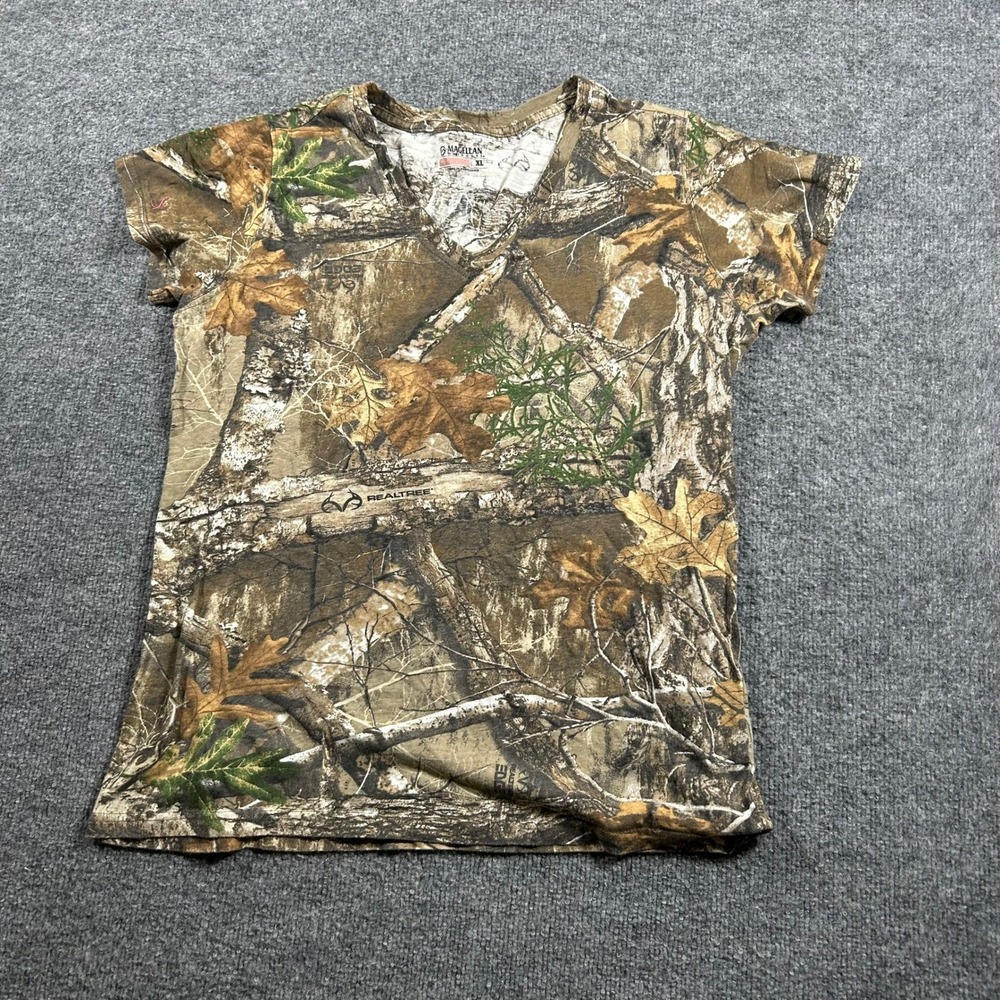 Magellan T-Shirt Womens XL Brown Realtree Edge Camo V-Neck Cotton Hunt Gear Top